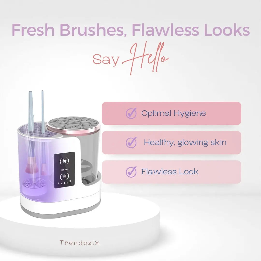 Sanitizing makeup brushes with automatic electric cleaner for better skin hygiene
